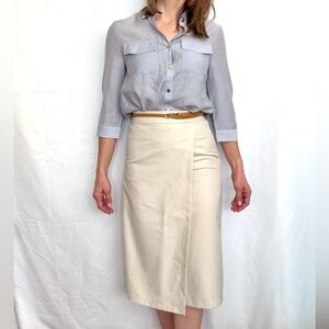 Light blue blouse gold buttons cream faux wrap skirt SET size XS / XXS